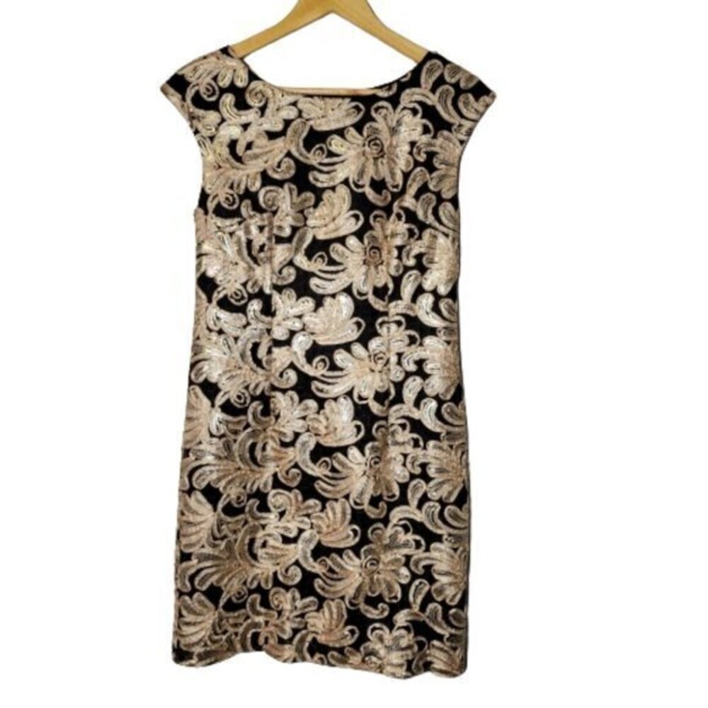 Betsy & Adam Black with Gold Ribbon and Sequin Embellished Sheath Dress Size 6
